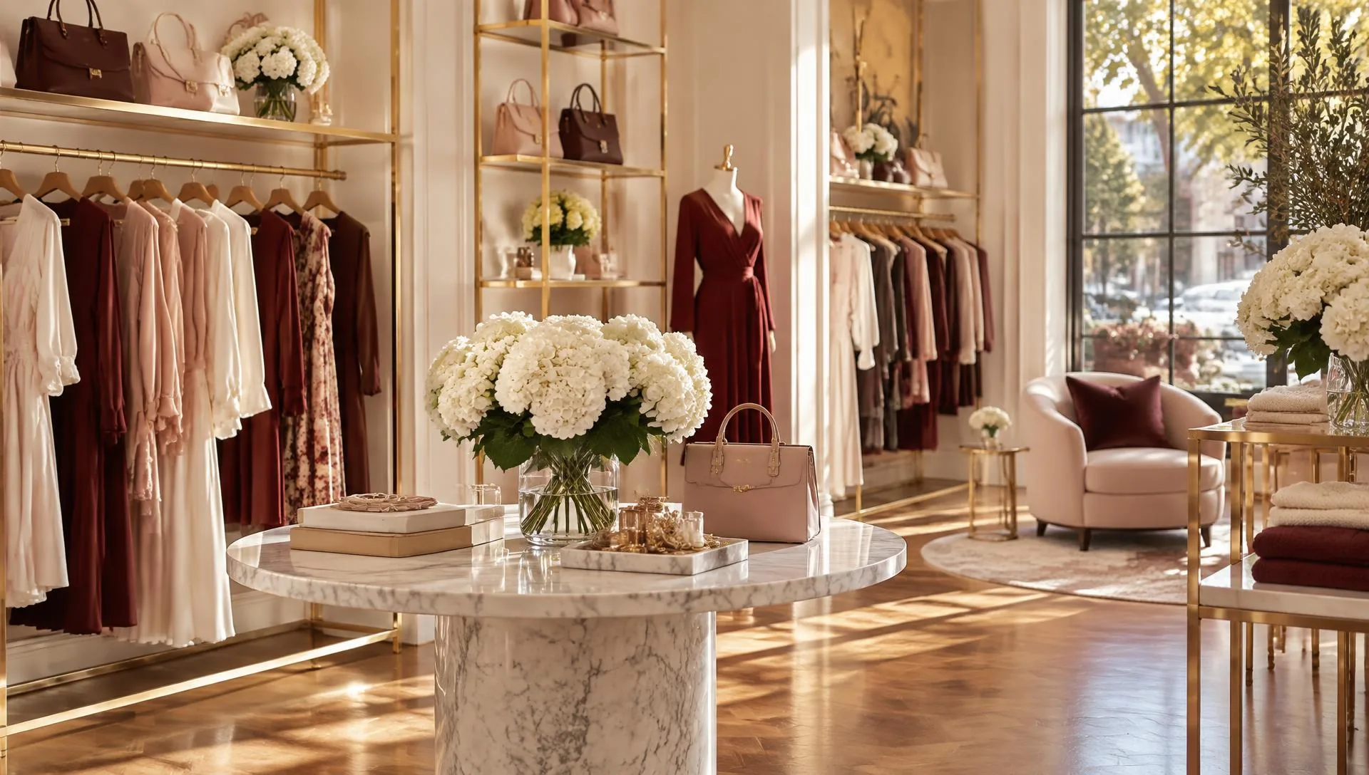 Inside Classy and Sassy Consignment Boutique: racks of womens clothing, handbags on gold shelves and a sunlit storefront window